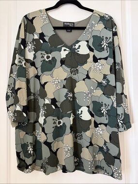 Style & Co. Floral V-Neck Top in Olive and Cream size 3X